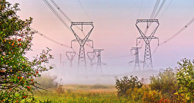 Transmission Towers In Sunrise Ground Fog 45951-3
