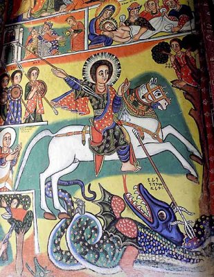 St George killing the dragon. Painting in Azwa Mariam monastery, Zeghie Peninsula, Tana Lake. Ethiopia.