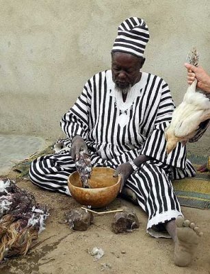 Fetishes and the sacrifice of a chicken help healer and soothsayer Ba Zane (Mossi tribe) in Sena, Burkina, to predict the future
