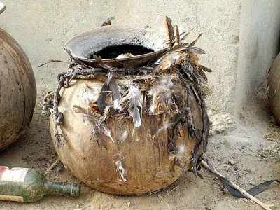 Fetish pot of healer and soothsayer Ba Zane (Mossi tribe) in Sena, Burkina Faso