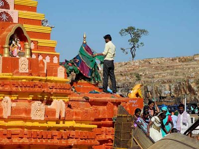 Devotees have offered green sarees for goddess Yellamma, Yellamma temple, Saundatti, Karnataka, India.