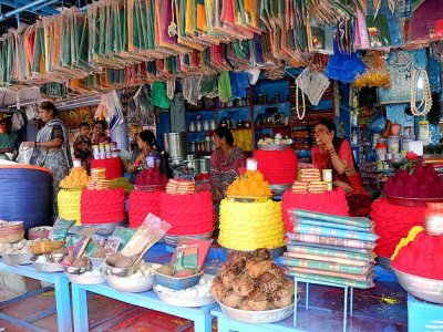 Shop with sarees, powder etc. outside Yellamma temple, Saundatti, Karnataka, India