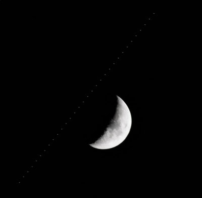 The International Space Station passing by the Moon