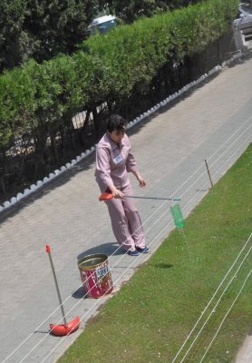 innovative water sprinkler. Despite the difficult climate grass almost always green on Pyongyang sidewalks