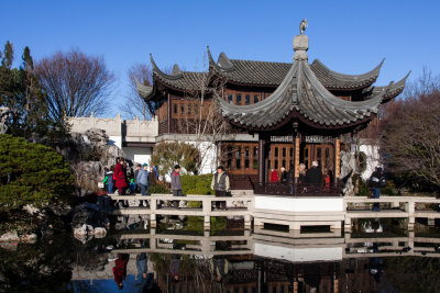 Stopped by the Lan Su Chinese Garden over the weekend.  
There is a strange bird on the gazebo.  
The teahouse is in the background. 