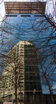 The Justice Center is reflected in the Federal Building