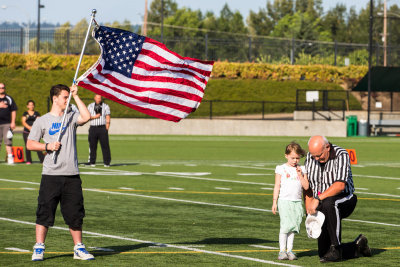 Equipment Fail

The singing of the national anthem was delayed by a non-functioning microphone.
The ref offered his and she sang an inspirational rendition.