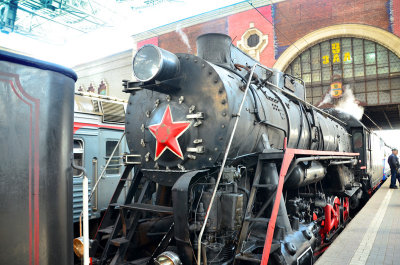 Old fashioned steam train taking us into Moscow  23 Aug 13