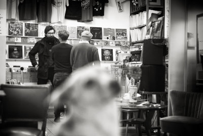 Record store with dog