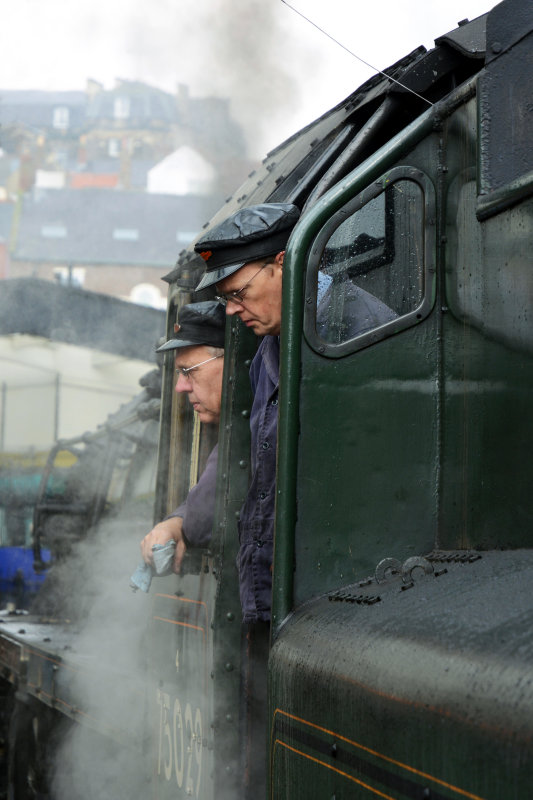 driver & fireman on the Green Knight at whitby station NYM railway