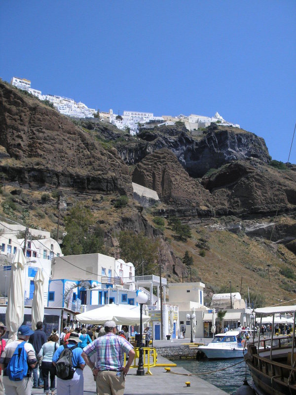 View of the town of Fira from sea level