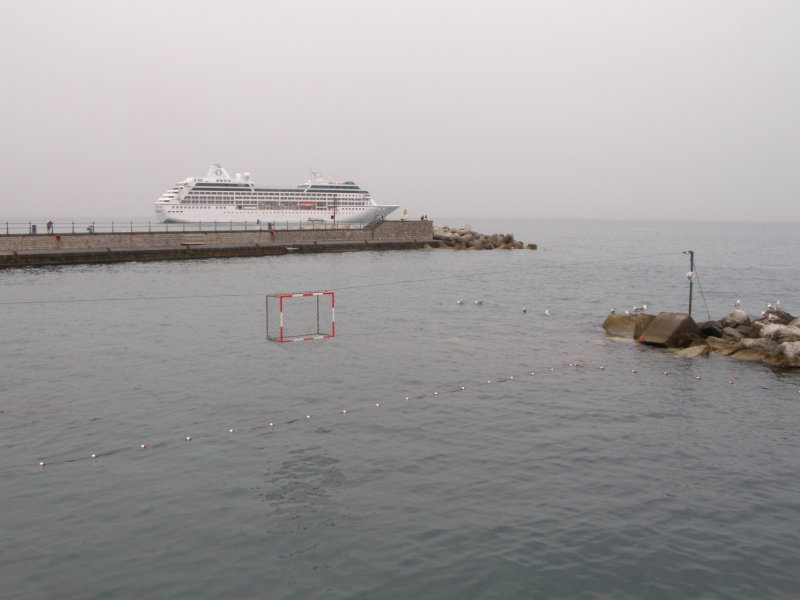 A waterpolo net--our ship in the background