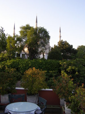 View of the Blue Mosque from the terrace (behind the trees)