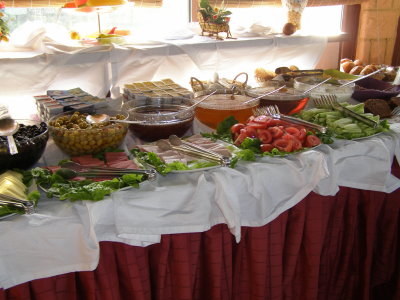 Our breakfast buffet. Note the THREE huge bowls of honey!