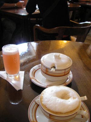 A Bellini (champagne and peaches) and cappucino