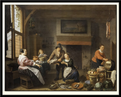 Kitchen Interior with Man Bringing Fish for Sale, 1657