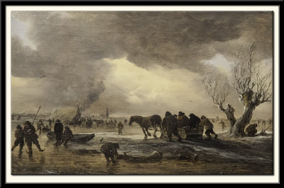 Winter Scene with a Sledge in the Foreground and Figures Gathering Around a Tent on the Ice, 1653