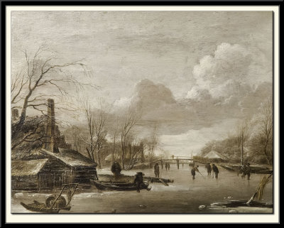 Winter Scene with Thatched Cottages and a Frozen River, 1650s