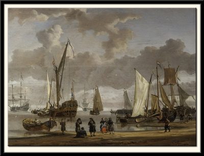 Coast Scene with Shipping Anchored Off Shore and Figures on a Beach, 1660-70