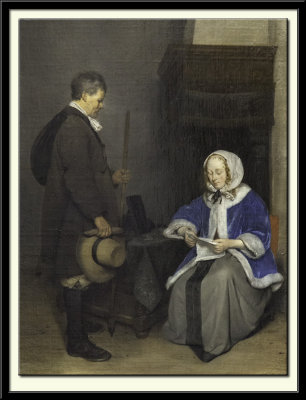 Dame lisant une lettre devant un messager, vers 1660