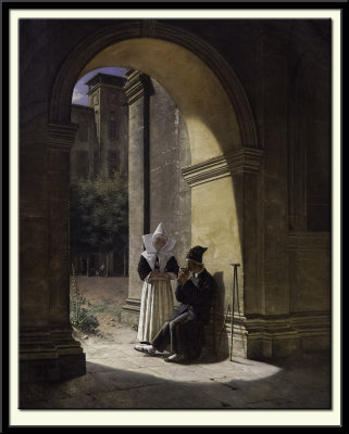 Un Soldat soign par une religieuse dans un cloitre (Vue du cloitre du palaise Saint-Pierre) 1822