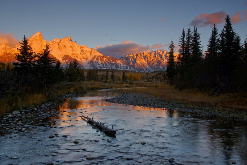 Sunrise. Peaks. Stream.