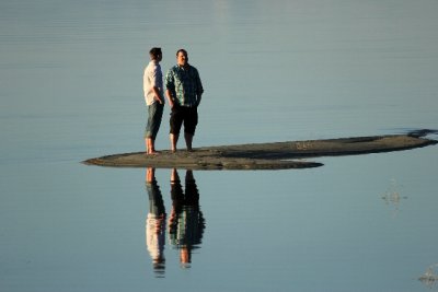 Two guys having a chat on the Great Salt Lake.