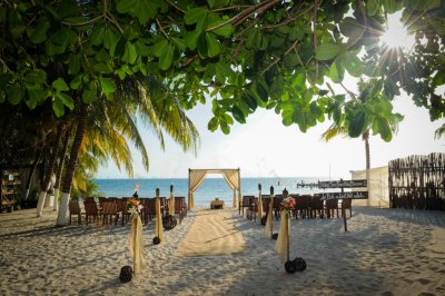 Large bamboo arch with tan fabric. Photo by Cecilia Dumas Photography