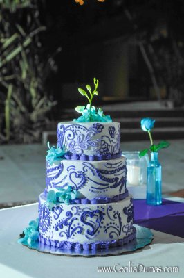 Purple and blue wedding cake. Photo by Cecilia Dumas Associates Freddie