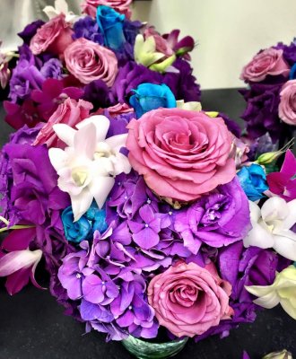 Purple and blue bridal bouquet. Roses & orchids, 