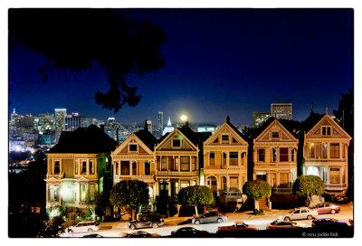 Moonrise behind Painted Ladies from Alamo Square