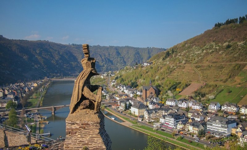 Lion Statue and View of the Mosel River