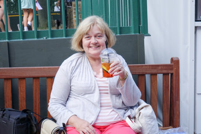Anne entering into the spirit of the day with a Pimms