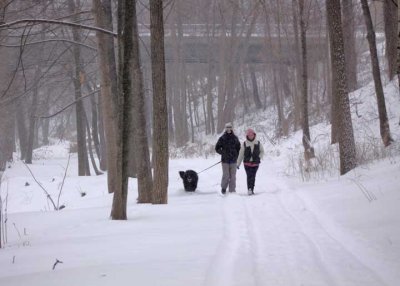 Folks out on the trail on a very windy, snowy day.