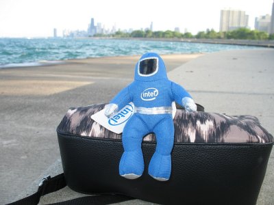 Traveling bunny guy on Chicago waterfront