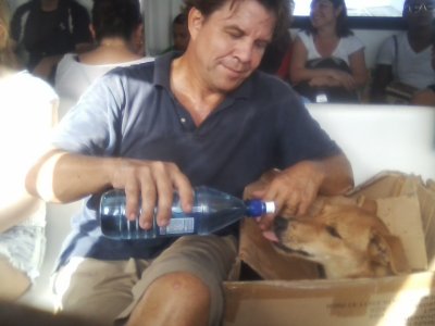 Giving Zar a drink on the water taxi in her recycleable  kennel.jpg
