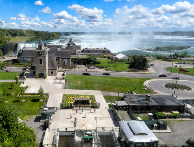 Panoramic view of the Canadian Niagara Falls and the Visitor Center from inside the Fallsview Cable car.