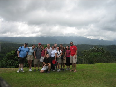 group picture in front of arenal volcano