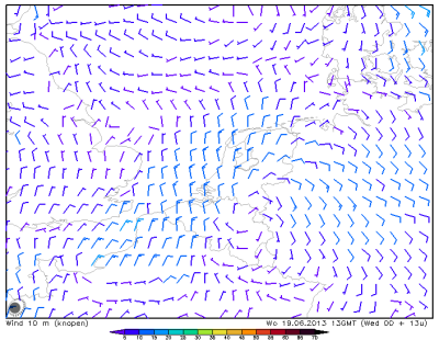 HiRLAM 201306190000 20130619 1300 10m wind