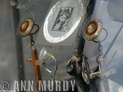 Car window with religious icons