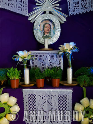 Madre Dolorosa altar with papel picados