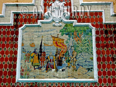 Tile mural of Columbus discovering the Americas