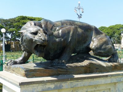 One of several bronze tigers