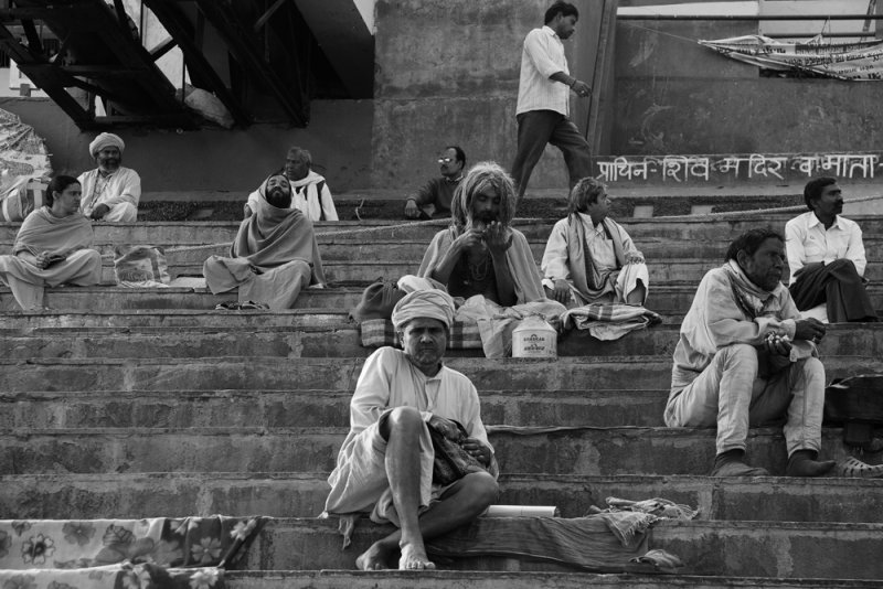 Sadhus on the steps bw.jpg