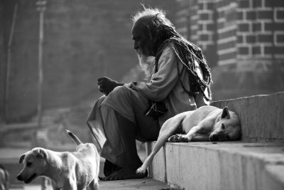 Sadhu with dogs bw.jpg