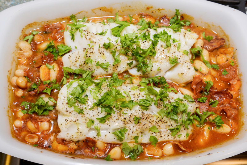 Cod with Chorizo and Cannellini