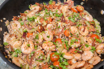 Shrimp with Chorizo, Fennel, Tomatoes & Spelt