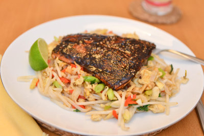Grilled Miso Salmon with Pad Thai
