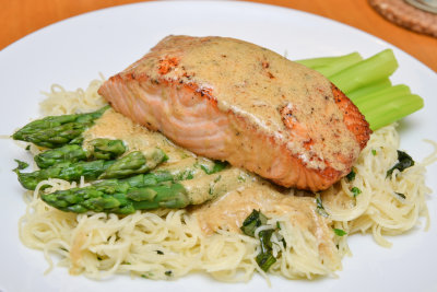 Salmon with Dijon Butter Sauce, Asparagus and Herby Vermicelli