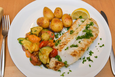 Roast Cod with Garlic Potatoes and “Ratatouille”